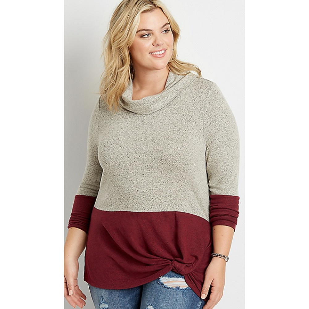 Maurices 24/7 Gray Colorblock‎ Cowl Neck Knot Hem Long Sleeve Top Womans Size 2X